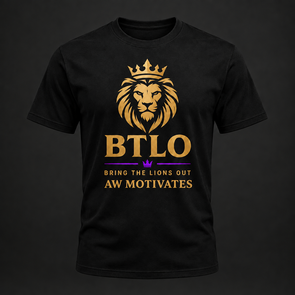 Black BTLO Signature T-Shirt with gold lion artwork, purple accent, and AW Motivates branding