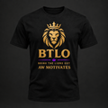 Black BTLO Signature T-Shirt with gold lion artwork, purple accent, and AW Motivates branding