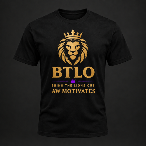 Black BTLO Signature T-Shirt with gold lion artwork, purple accent, and AW Motivates branding
