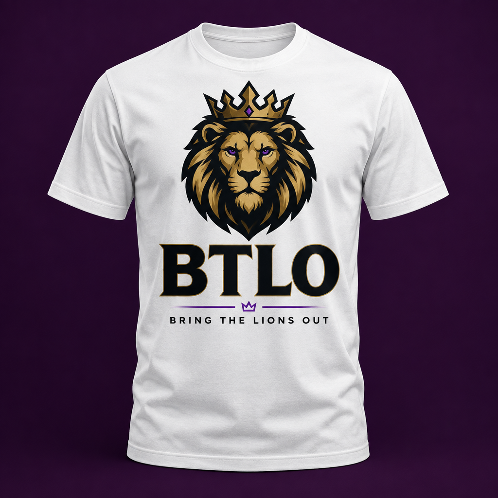White BTLO Signature T-Shirt with black and gold lion artwork and purple accent