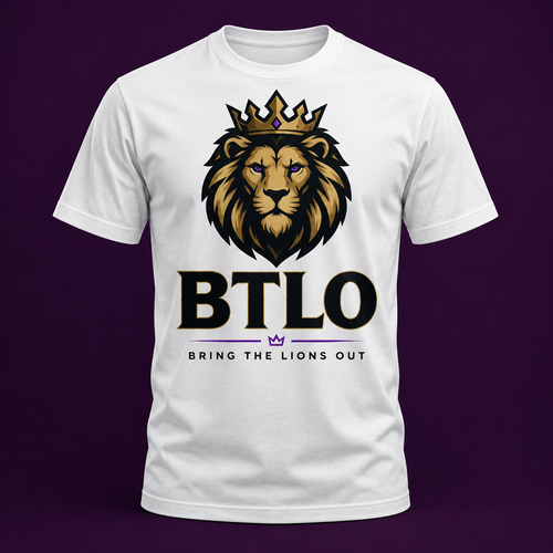 White BTLO Signature T-Shirt with black and gold lion artwork and purple accent